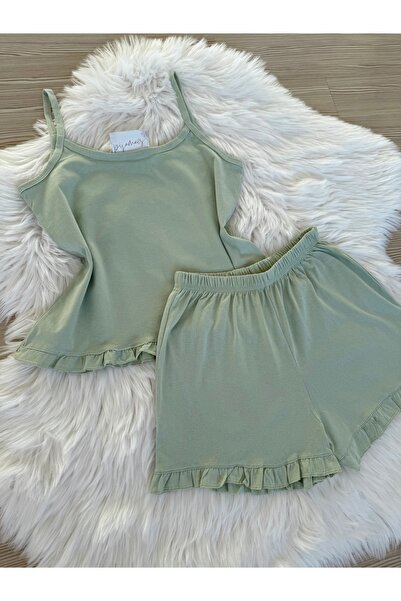 Pijamacs Menta zöld pamut kötélpántos fodros részletekkel ellátott rövidnadrág pizsama szett