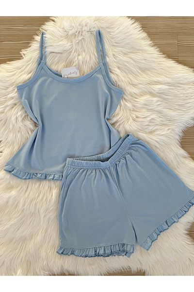Pijamacs Baby Blue Cotton Rope Strap Ruffle Detailed Shorts Pajama Set