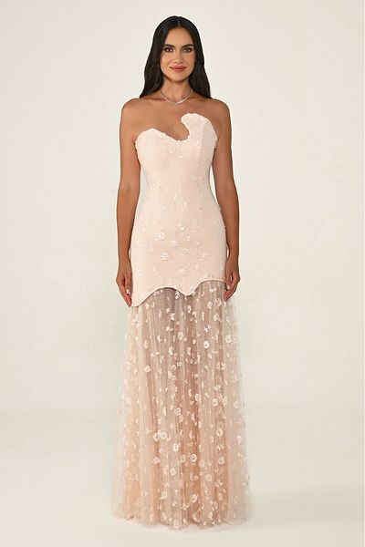 ALFABETA Alpha Beta Asymmetrical Sequined Tulle Strapless Evening Dress