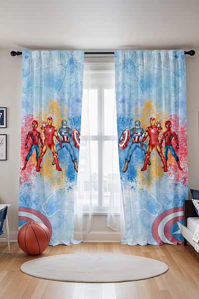 EVPANYA Blue Super Heroes Patterned Children's Baby Room Background Curtain (Single Wing Pricing)
