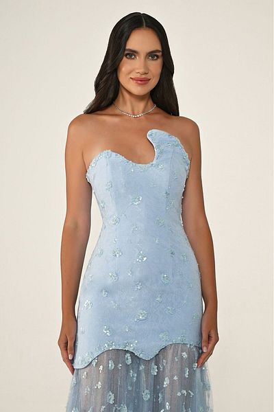 ALFABETA Alpha Beta Asymmetrical Sequined Tulle Strapless Evening Dress