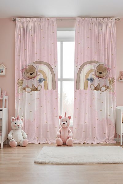 EVPANYA Pink Teddy Bear Patterned Children's Baby Room Background Curtain (Single Wing Pricing)
