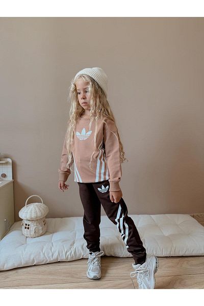 morpembej kadın erkek çocuk Children's Cotton Suit Striped Set |   3 Thread Coffee-Black-Beige |   5-14 Years