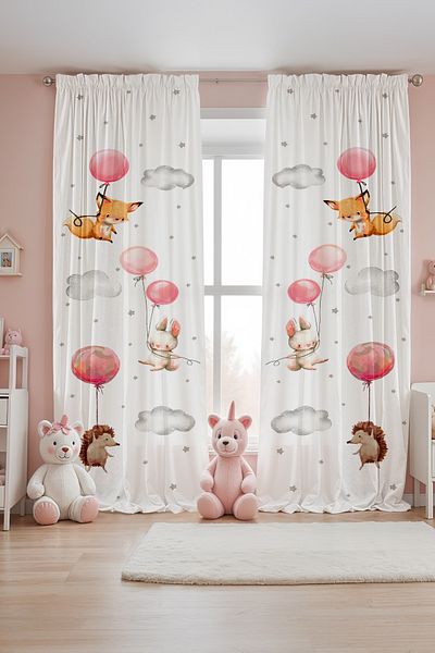 EVPANYA Pink Balloon Flying Animals Patterned Children's Baby Room Background Curtain (Single Wing Pricing)