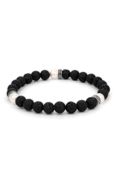 KUZZOI Armband Herrenarmband Kreis Lava Schwarz Synthetische Perlen 925 Sterling Silber 21 cm