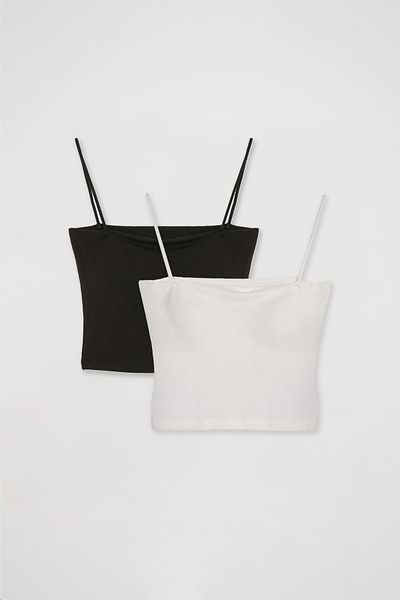 Quzu Modal Strap Crop Basic Undershirt 2 Pack Ecru-Black