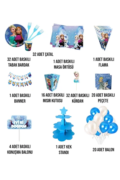 Evabrite Frozen Elsa Birthday Party Set - Girl's Birthday Party Decorations for 32 People