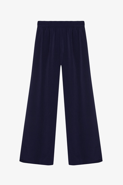 Quzu Elastic Waist Wide Leg High Waist Trousers Navy Blue