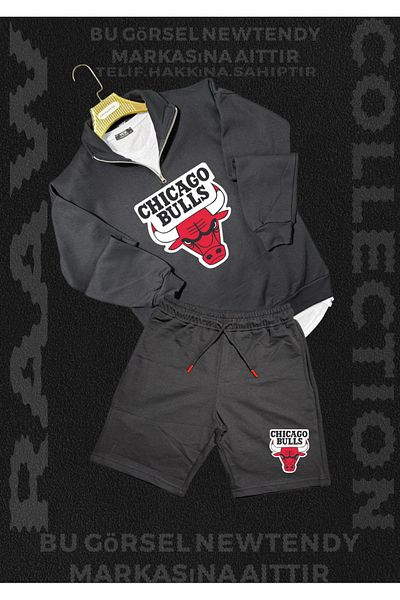 Minikelya Chigago Bulls Half Zipper Stand Collar Sweatshirt - Shorts Fan Cotton 2 Yarn Set