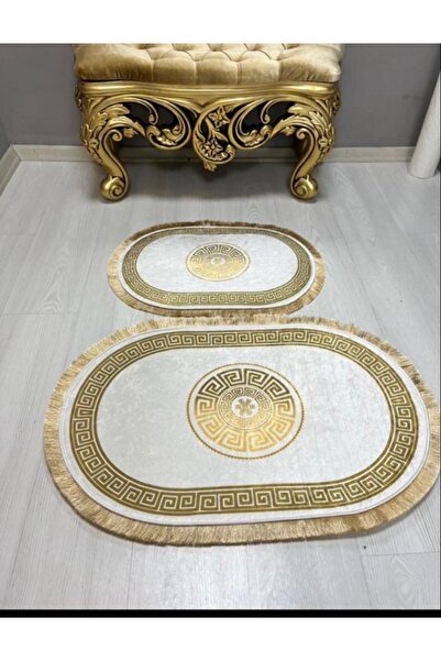 Home طقم مكون من قطعتين من سجادة الحمام باللون الذهبي والأبيض مع خاصية دفع الماء