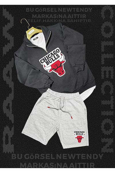 Minikelya Chigago Bulls Half Zipper Stand Collar Sweatshirt - Shorts Fan Cotton 2 Yarn Set