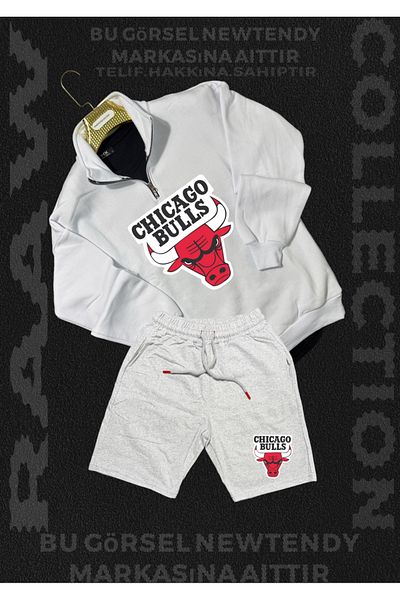 Minikelya Chigago Bulls Half Zipper Stand Collar Sweatshirt - Shorts Fan Cotton 2 Yarn Set
