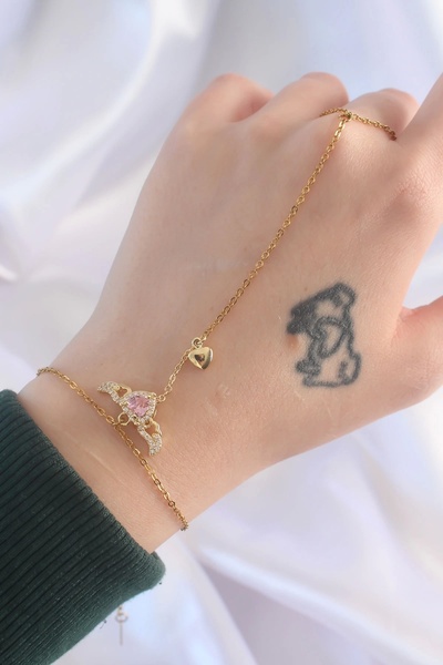 Clariss 316L Steel Gold Color Pink Zircon Stone Winged Heart Model Şahmeran