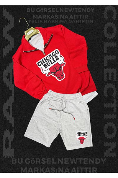 Minikelya Chigago Bulls Half Zipper Stand Collar Sweatshirt - Shorts Fan Cotton 2 Yarn Set