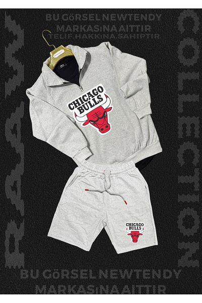 Minikelya Chigago Bulls Half Zipper Stand Collar Sweatshirt - Shorts Fan Cotton 2 Yarn Set