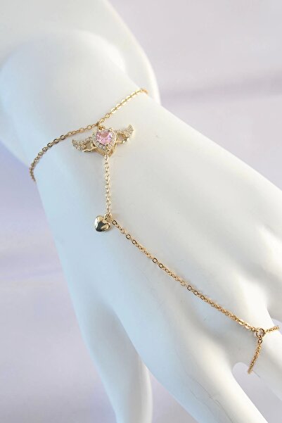 Clariss 316L Steel Gold Color Pink Zircon Stone Winged Heart Model Şahmeran