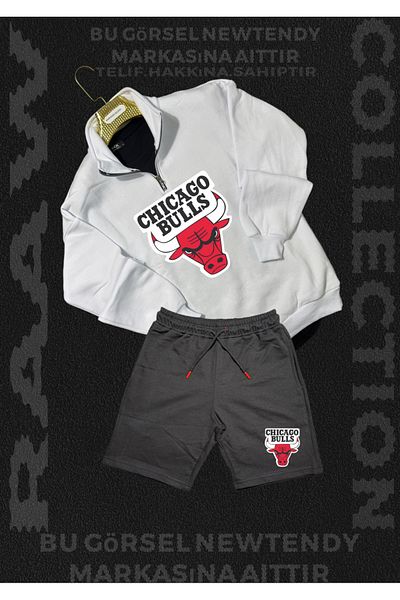 Minikelya Chigago Bulls Half Zipper Stand Collar Sweatshirt - Shorts Fan Cotton 2 Yarn Set