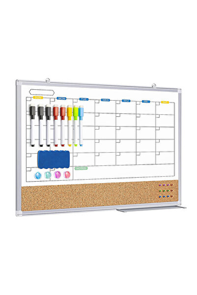 KidLe لوحة بيضاء للتقويم الشهري 2 في 1، لوحة فلين قابلة للمسح الجاف، مجموعة لوحة بيضاء شهرية للحائط