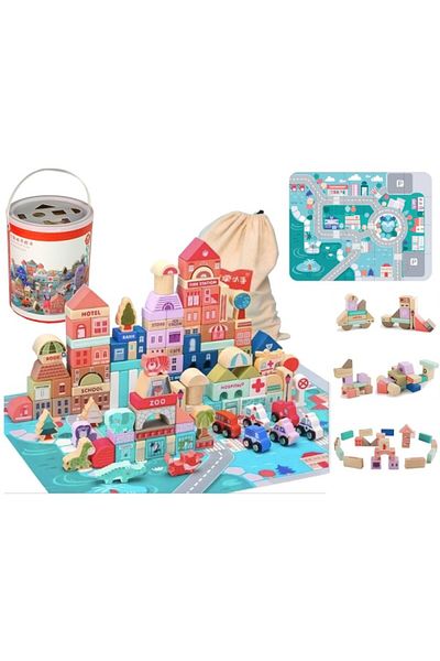 Import LEANToys Children's wooden puzzle city set, wooden blocks with numbers and letters, 162 pcs MCT 9829