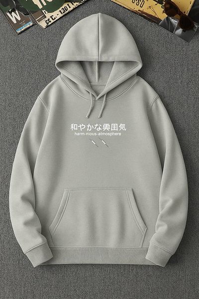 CLASSY.MODA Japanese Text Printed Hooded Sweatshirt