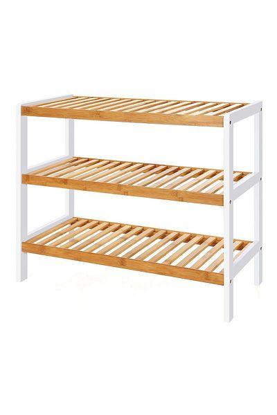 Mercaton Shoe storage rack, Mercaton, 3 shelves, bamboo wood, white and natural, 70x26x55 cm