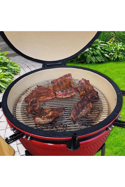 Mercaton Charcoal garden barbecue, round grill, ceramic, with wheels, lid, shelves, 128x80x120 cm, Kamado L-s