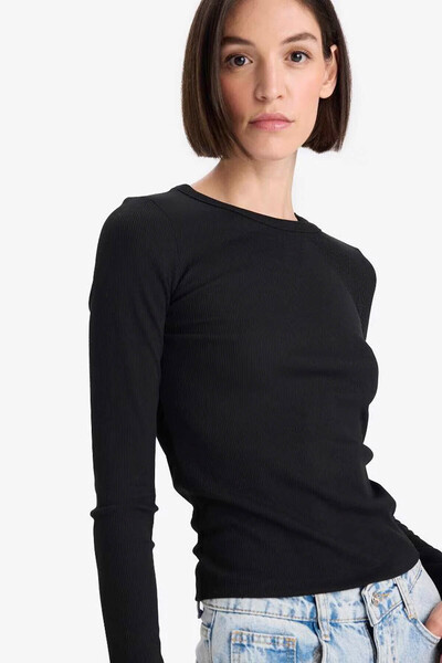 DeFacto Slim Fit Basic Ribbed Camisole Black Women's Long Sleeve T-Shirt E5767Ax/Bk81