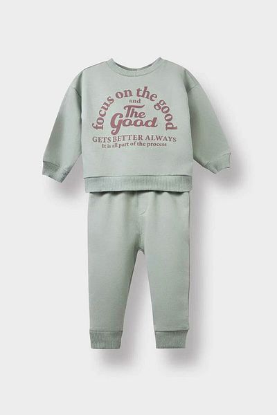 DeFacto 2-Piece Printed Sweatshirt Elastic Waist Sweatpants Khaki Baby Boy Bottom-Top Set E9261A5/Kh