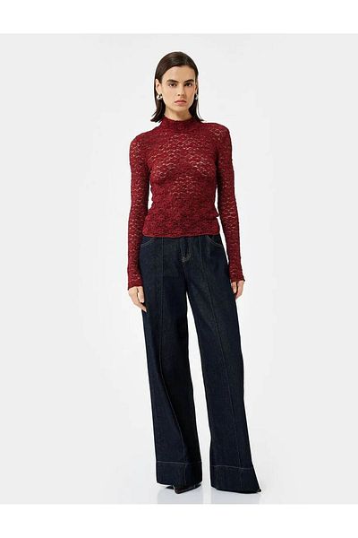 Koton Stand Collar Floral Textured Lace Burgundy Women's Blouse 6Wak80001Ek