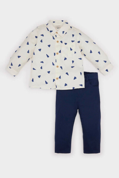 DeFacto قميص بطابع السنة الجديدة، سروال علوي، طقم مكون من قطعتين من Ecru للأو...