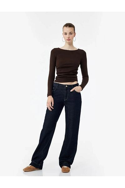 Koton Bluză de damă din bumbac slim cu decolteu barcă drapat maro 6Wal10195Ik