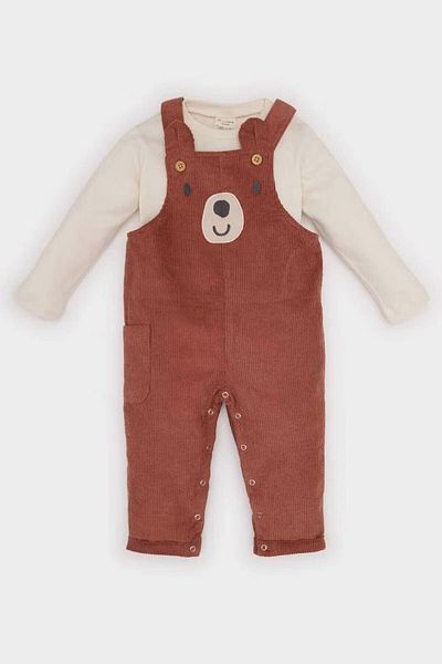 DeFacto 2-Piece Long Sleeve T-Shirt Velvet Teddy Bear Printed Jumpsuit Brown Baby Boy Bottom-Top Set D603