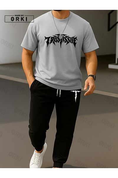 EFFRENATU Trust Issue Printed Oversize Gray T-Shirt & Black Pants Tracksuit Set