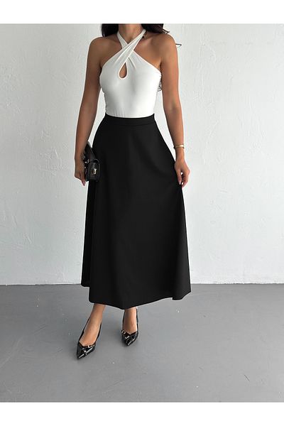 MaxiMor Katın Hijab Suitable Suede Fabric Kiloş Bell Skirt - Black