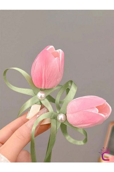Cinderella Set of 2 Pearl Ivy Pink Tulip Flower Hair Clips - Elegant Gift Clip Hair Ornament Hairpin