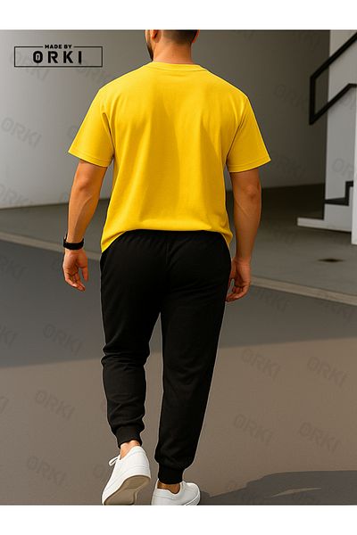 EFFRENATU Trust Issue Printed Oversize Yellow T-Shirt & Black Pants Tracksuit Set