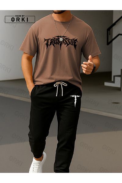 EFFRENATU Trust Issue Printed Oversize Light Brown T-Shirt & Black Pants Tracksuit Set