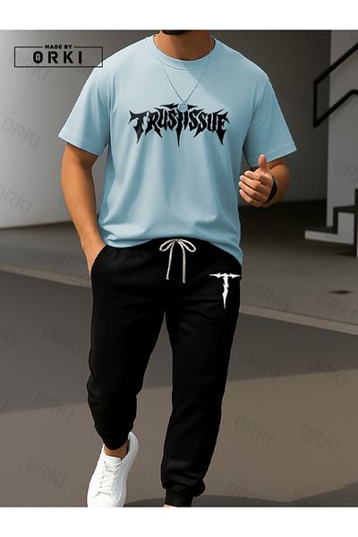 EFFRENATU Trust Issue Printed Oversize Light Blue T-Shirt & Black Pants Tracksuit Set