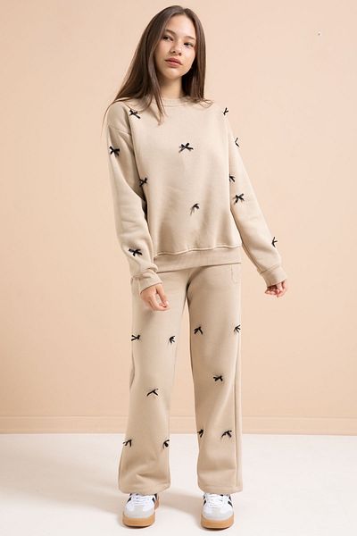 Cansın Mini Beige Bow Embroidered Crew Neck Girl's Hooded Tracksuit Set 21287
