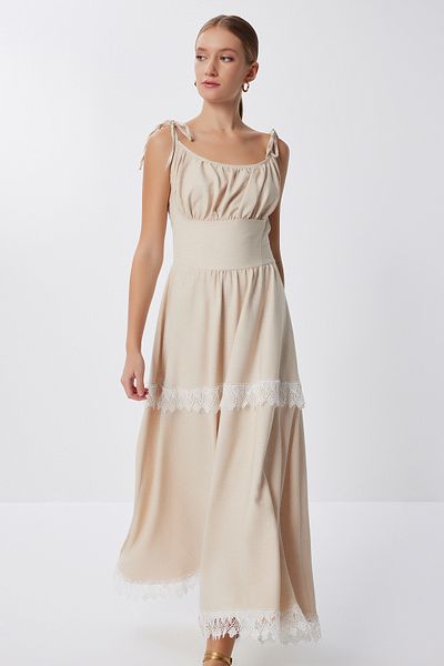 Lovelyİstanbul Strappy Laced Summer Woven Dress Lff0044 Cream