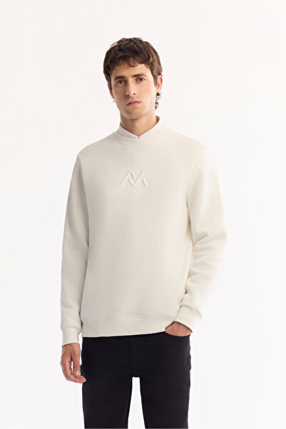 Avva Men's White Crew Neck Cotton Embossed Printed Regular Fit Sweatshirt A52Y1327