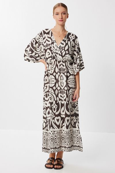 Lovelyİstanbul Patterned Wrap Collar Summer Viscose Dress Lzv0023 Brown Ecru
