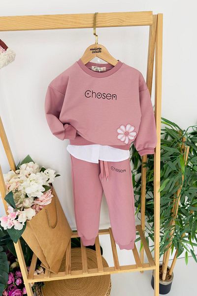 Minigimin Cicileri My Little Girl's Chosen Flower Embroidered Shirt Detailed Girl's 2-Piece Set - Dusty Rose