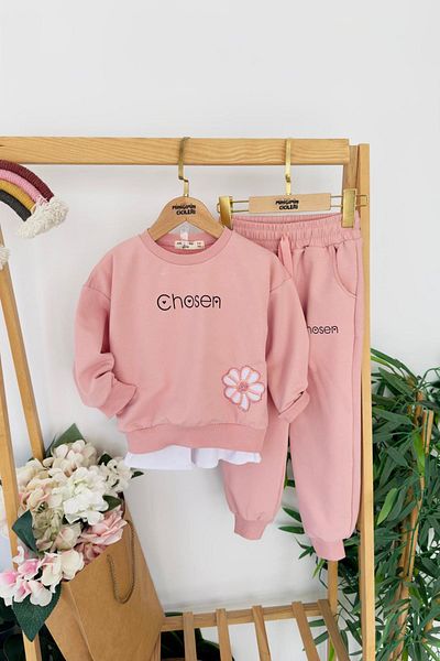 Minigimin Cicileri My Little Girl's Chosen Flower Embroidered Shirt Detailed Girl's 2-Piece Set - Pink