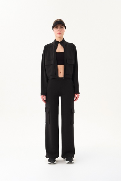 SPORTEMPT Kare Cep Detaylı Dik Yaka Kadın Fermuarlı Ceket - Siyah