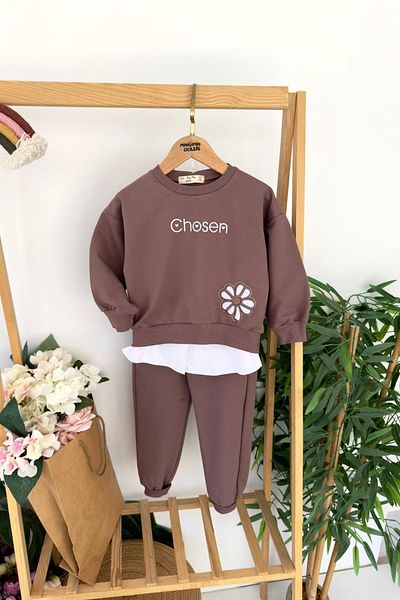 Minigimin Cicileri My Little Girl's Chosen Flower Embroidered Shirt Detailed Girl's 2-Piece Set - Brown