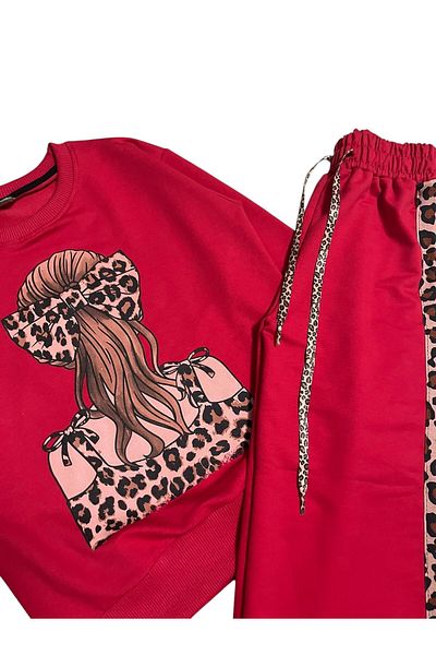 Pajama Shop Girls' Cotton Fabric Red Color 2 Thread Leopard Buckle Patterned Winter Tracksuit Set