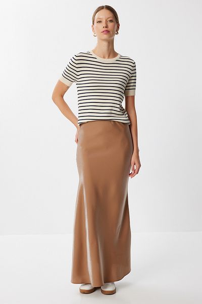 Lovelyİstanbul Sparkling Satin Surface Long Skirt Lfh0012 Taba