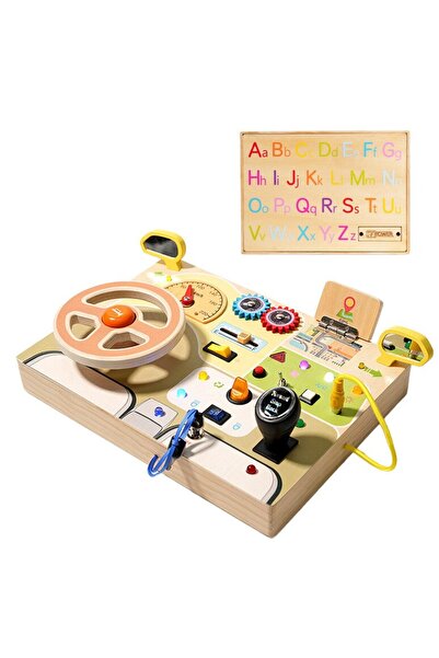 LEBLOU Tablă senzorială Montessori din lemn cu volan, lumini și butoane – Tablă ocupată pentru copii