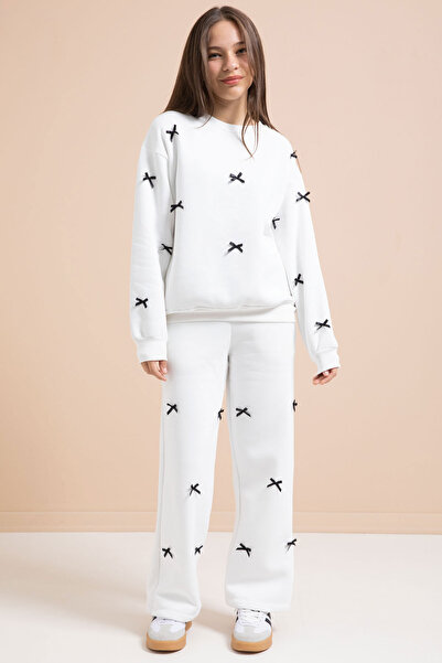 Cansın Mini Σετ φόρμας για κορίτσια με λευκό φιόγκο με κέντημα με λαιμόκοψη 21289